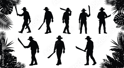 Machete farmer silhouettes collection with tropical jungle leaves agricultural worker cutting tools black vector illustration isolated set