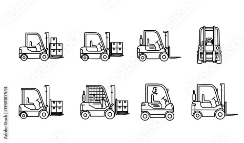 Flat outline forklift icons set for warehouse, logistics, and industrial vector UI graphics