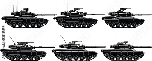 Military battle tank silhouettes collection with armored combat vehicles army warfare defense equipment black vector illustration isolated set