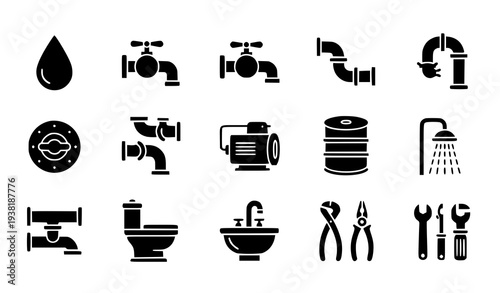 Water Supply and Plumbing Utilities Glyph Icon Pack Vector Set