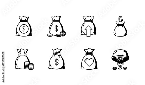 Flat line money bag icon pack for finance, banking, and business vector UI graphics