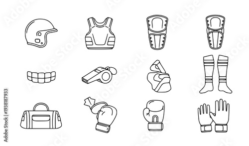 Professional Sports Safety Equipment Line Icons Pack