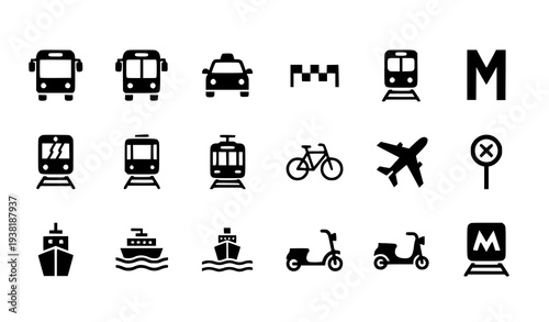 Diverse Public Transportation Black Glyph Icons Set Vector Illustration
