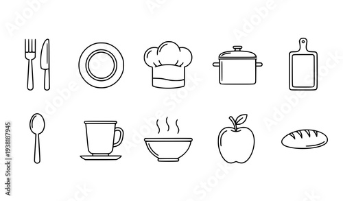 Editable thin line food and kitchen icon set for web, app, and culinary vector graphics