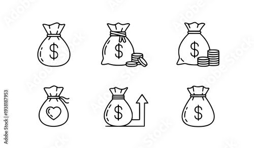 Minimal thin line money bag icon set for finance, business, and mobile UI vector design