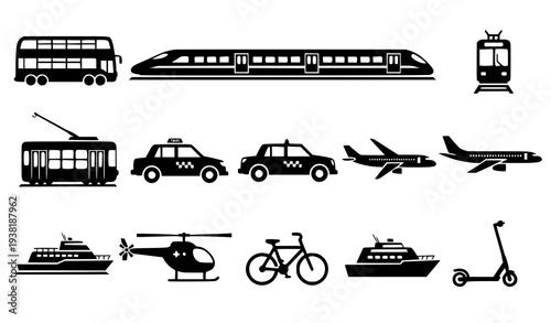 Public Transport Silhouette Icons Collection Black Transportation Vector Set