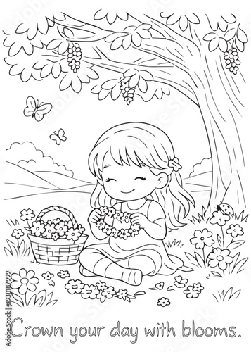 coloring book little girl sitting under a tree making a floral crown from spring blooms