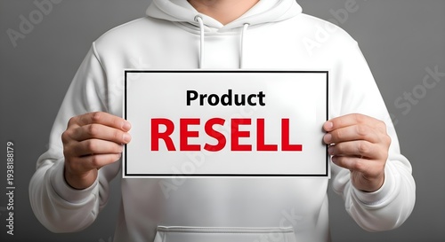 Online Reselling Business: Person in white hoodie holding sign with product resell text, ecommerce marketplace, side hustle, retail arbitrage and entrepreneurship concept