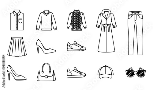 Fashion Apparel Outline Icons Clothing and Accessories Vector Set