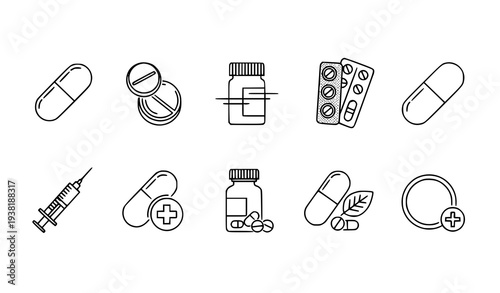 Minimal thin line pills and medication icon set for web, app, and health vector design