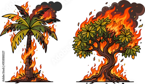 Burning Trees Cartoon Vector Illustration Set with Smoke: Palm Tree and Broadleaf Tree on Fire