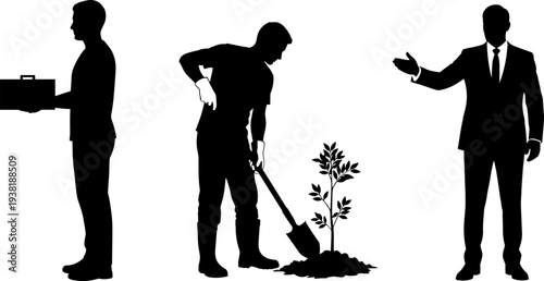 Businessman holding briefcase, gardener digging with shovel planting tree, leader presenting with hand gesture, diverse occupations silhouettes, professional work, manual labor illustration