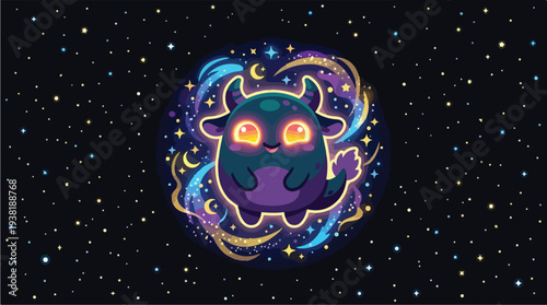 Cute Cartoon Monster with Glowing Eyes in Cosmic Background.