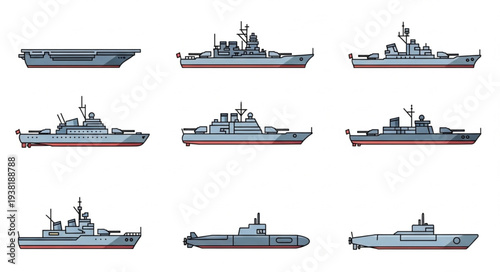 Set of Various Navy Warships Illustration.