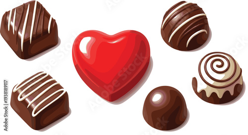 Chocolate Candy Set with Heart Truffle Praline and Sweet Confectionery Desserts Isolated on White Background Vector Illustration