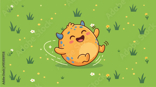Cute Orange Monster Rolling Joyfully in a Grassy Field.