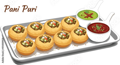 Indian Street Food Pani Puri Illustration with Crispy Golgappa and Spicy Chutney Sauces Traditional Snack Vector