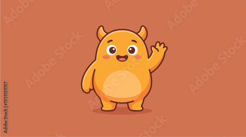 Cute Orange Monster Waving Hello Cartoon Character.