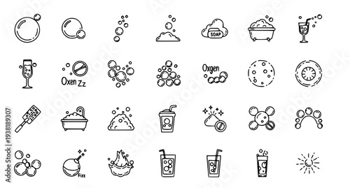 A collection of black and white line art icons depicting various food and drink items with bubbles and oxygen symbols