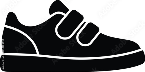 Velcro Strap Sneaker Black Solid Glyph Icon – Flat Vector Velcro Shoe Silhouette for Sports, Fashion & UI Design