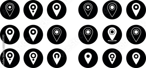 Map location pin icon set in circular badges, navigation marker symbols collection for GPS tracking, address finding, travel maps, and mobile navigation design