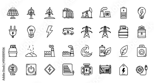 A collection of black and white line art icons representing various energy and power concepts