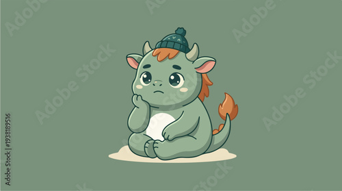 Cute Sad Monster Wearing a Winter Hat.