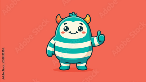 Cute Teal and White Striped Monster Character Giving Thumbs Up.