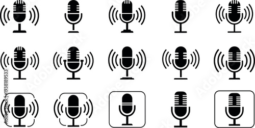 Microphone with sound waves icon set for audio recording and broadcasting, podcast mic symbols collection for radio, voice communication, music, and media production