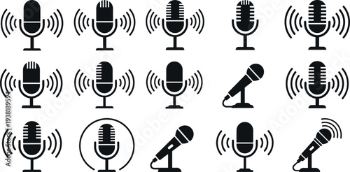 Microphone with sound waves icon set, audio recording and broadcasting mic symbols collection for podcast, radio, music, voice communication, and media production design