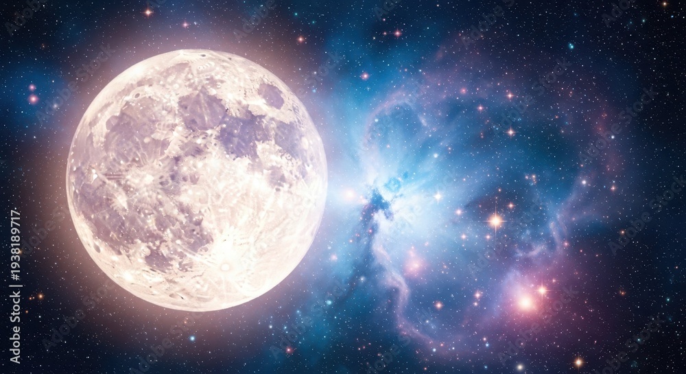 Naklejka premium Celestial Canvas: The luminous full moon, suspended in the cosmic tapestry of space, shines alongside distant stars.