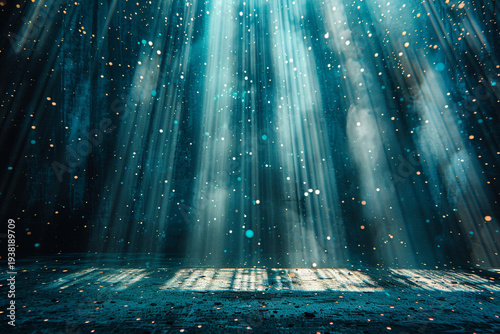 Vibrant Blue Bokeh Lights with Dark Shadow Rays on Abstract Concert Stage Texture