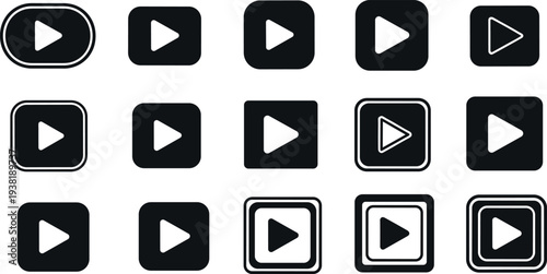 Play button icon set in rounded square and circle shapes, media player video playback symbols collection for streaming apps, multimedia control, and digital interface design