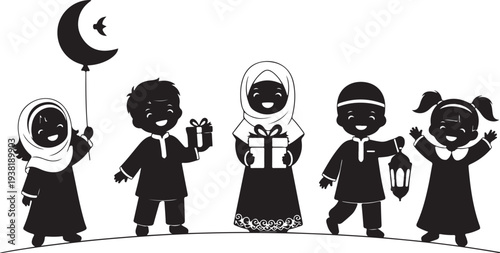 Happy muslim children celebrating eid al-fitr with gifts, lanterns, and balloons silhouette