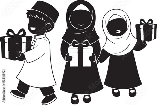 Happy muslim children celebrating eid al-fitr with gifts, lanterns, and balloons silhouette
