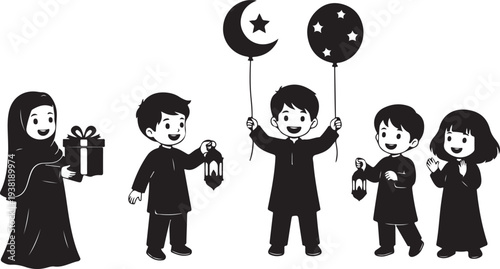 Happy muslim children celebrating eid al-fitr with gifts, lanterns, and balloons silhouette