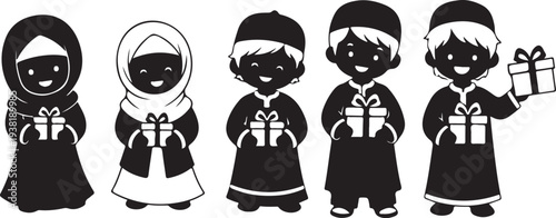 Happy muslim children celebrating eid al-fitr with gifts, lanterns, and balloons silhouette