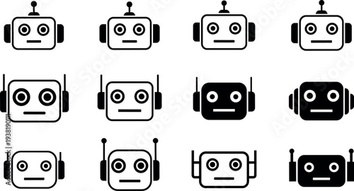 Robot Head Icon Set with Artificial Intelligence Bot Symbols for Chatbot Interfaces, Automation Technology, AI Assistants, Robotics Concepts, and Futuristic Digital Design