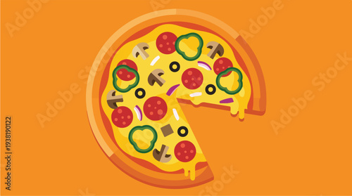 Delicious Pizza Slice with Toppings on Orange Background.