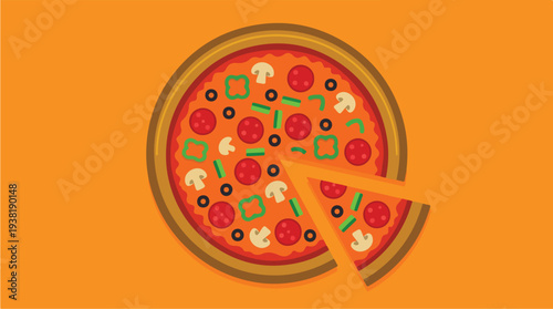 Delicious Pizza Slice with Mushrooms and Olives on Orange Background.