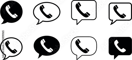 Phone call speech bubble icon set, telephone communication symbols collection for contact support, messaging apps, hotline service, and digital conversation design