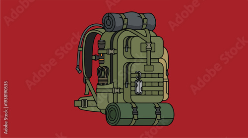 Detailed Illustration of a MilitaryStyle Backpack with Camping Gear.