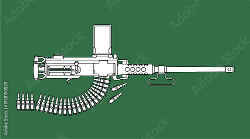 Detailed Illustration of a Vintage Machine Gun with Ammunition Belt.