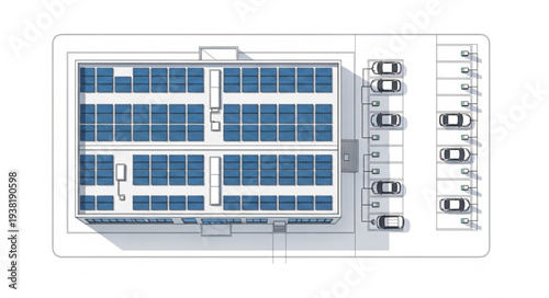 Aerial view of a building with solar panels on the roof and parking lot.