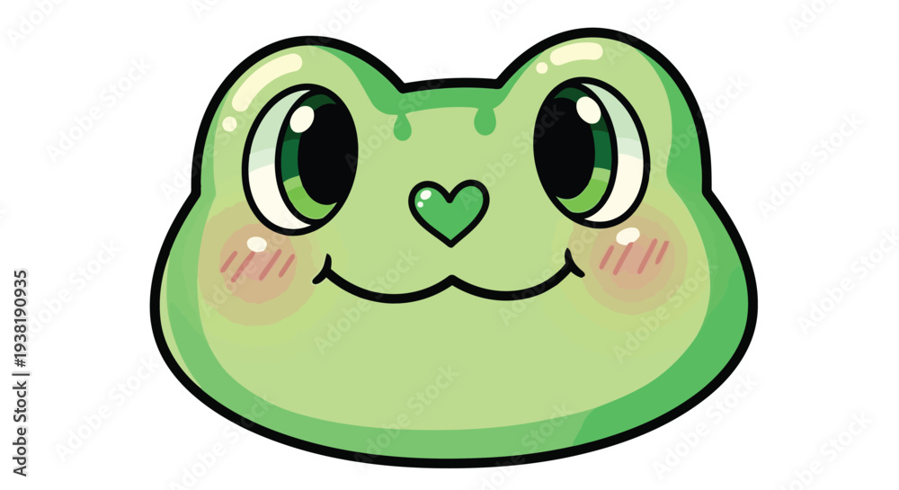 Obraz premium Cute cartoon green frog face with heart nose and rosy cheeks