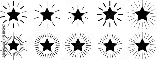 Starburst sparkle icon set with radiant star shapes and shining rays, decorative highlight symbols collection for celebration, promotion, badges, and graphic design