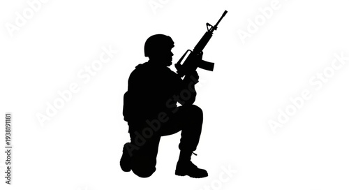 Silhouette of Soldier Kneeling with Rifle.