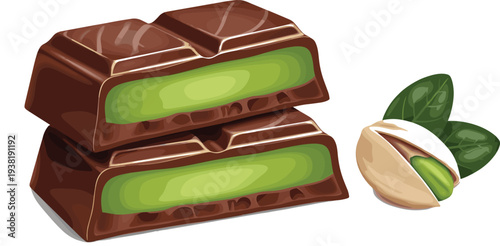 Pistachio Filled Chocolate Bar with Nuts Sweet Gourmet Candy Isolated on White Background Vector Illustration