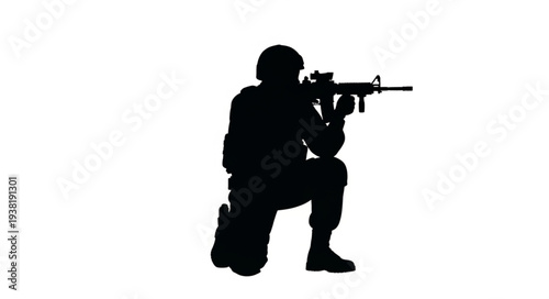 Silhouette of Soldier with Rifle Kneeling.