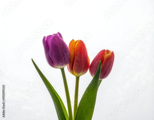 Three bright tulips purple, orange, and red on a bright background, with green leaves pointing upward